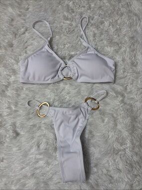 NEW Zando White Ribbed Gold Ring Brazilian Thong Bikini Set S